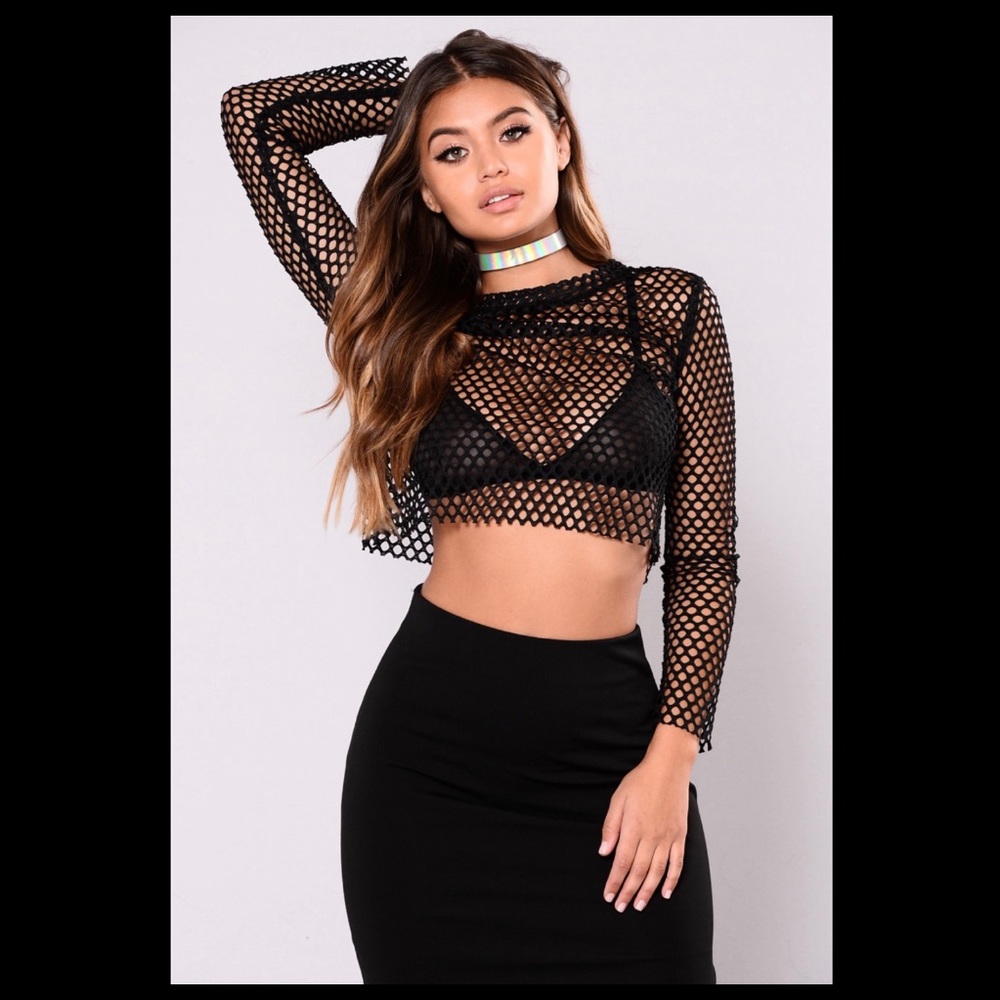 Black long sleeve fish net top